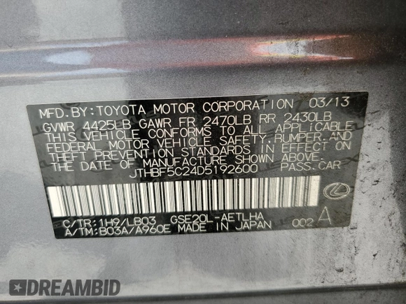 2013 Lexus IS 250 with VIN JTHBF5C24D5192600, listed as a Copart auction lot 58946155 with 144,022 mi miles and Salvage title. Bid and sale history available at DreamBid. Image 12.