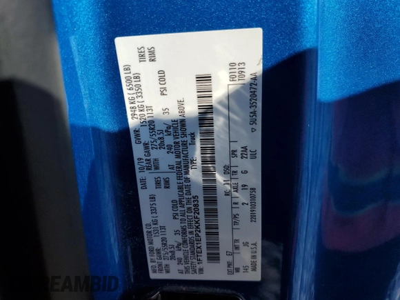2019 Ford F-150 XL with VIN 1FTEX1EP2KKF20835, listed as a Copart auction lot 70089304 with 87,402 mi miles and Salvage title. Bid and sale history available at DreamBid. Image 15.