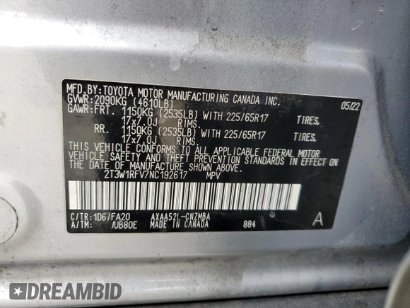 2022 Toyota RAV4 XLE with VIN 2T3W1RFV7NC192617, listed as a Copart auction lot 59564535 with 70,635 mi miles and Salvage title. Bid and sale history available at DreamBid. Image 14.