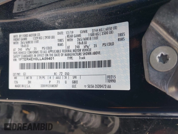 2020 Ford Ranger XL with VIN 1FTER4EH0LLA09401, listed as a IAAI auction lot 42162634 with Not Provided miles and . Bid and sale history available at carsss.com. Image 9.