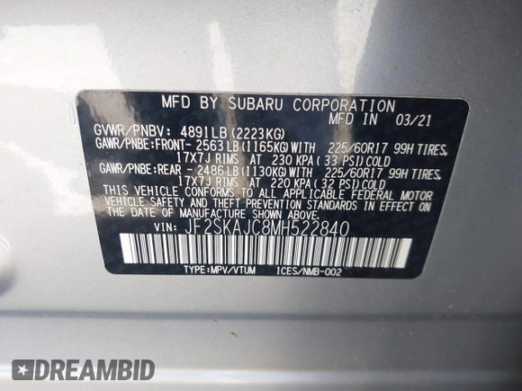 2021 Subaru Forester Premium with VIN JF2SKAJC8MH522840, listed as a IAAI auction lot 42059672 with 76,698 mi miles. Bid and sale history available at carsss.com. Image 9.
