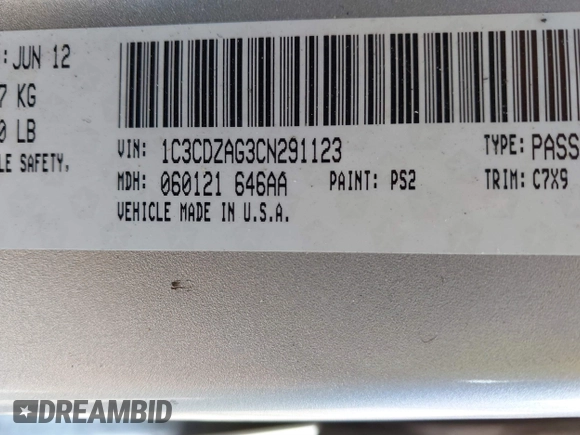 2012 Dodge Avenger SE with VIN 1C3CDZAG3CN291123, listed as a IAAI auction lot 41861036 with 114,607 mi miles and . Bid and sale history available at DreamBid. Image 9.