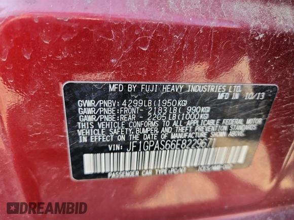 2014 Subaru Impreza Special Sports Limited with VIN JF1GPAS66E8229671, listed as a Copart auction lot 64303015 with 69,007 mi miles and Non repairable. Bid and sale history available at DreamBid. Image 12.