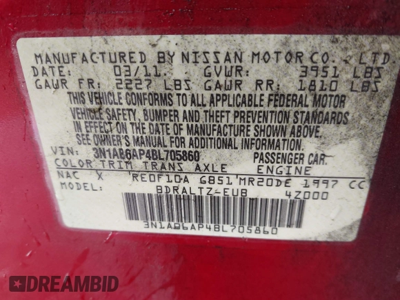 2011 Nissan Sentra 2.0 with VIN 3N1AB6AP4BL705860, listed as a IAAI auction lot 41314701 with 216,033 mi miles and . Bid and sale history available at DreamBid. Image 9.