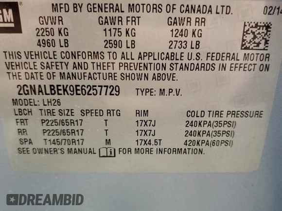 2014 Chevrolet Equinox LT with VIN 2GNALBEK9E6257729, listed as a Copart auction lot 54585155 with 181,815 mi miles and Salvage Title. Bid and sale history available at DreamBid. Image 14.