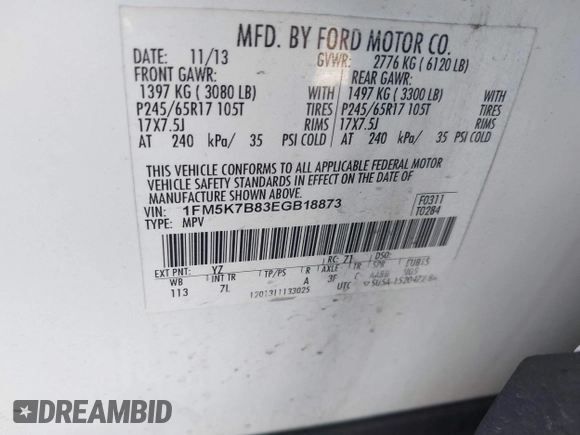 2014 Ford Explorer with VIN 1FM5K7B83EGB18873, listed as a IAAI auction lot 42280717 with 117,579 mi miles and . Bid and sale history available at DreamBid. Image 9.
