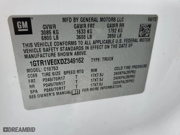 2013 GMC Sierra 1500 SLE with VIN 1GTR1VE0XDZ349162, listed as a Copart auction lot 47183815 with 93,565 mi miles and Salvage Title. Bid and sale history available at carsss.com. Image 12.