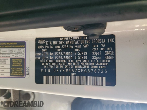 2015 Kia Sorento SX with VIN 5XYKW4A7XFG576725, listed as a Copart auction lot 46047945 with 0 mi miles and Salvage Title. Bid and sale history available at carsss.com. Image 16.