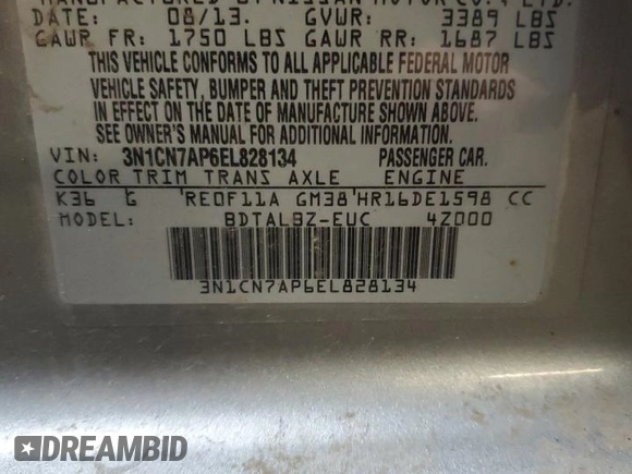 2014 Nissan Versa S Plus with VIN 3N1CN7AP6EL828134, listed as a Copart auction lot 53902045 with 142,825 mi miles and Salvage Title. Bid and sale history available at DreamBid. Image 12.