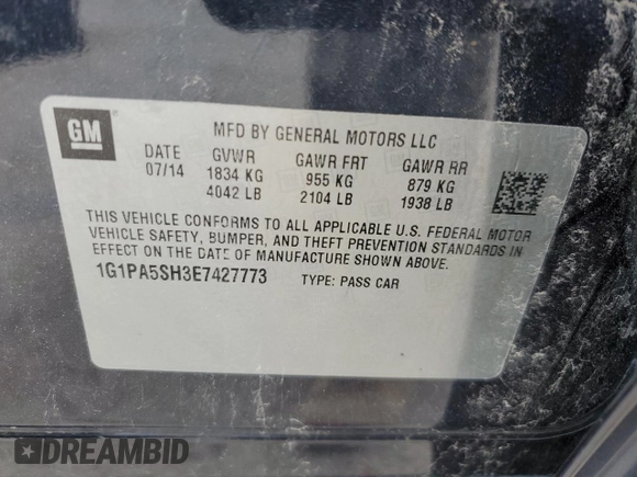 2014 Chevrolet Cruze LS with VIN 1G1PA5SH3E7427773, listed as a Copart auction lot 52621725 with 147,564 mi miles and Salvage Title. Bid and sale history available at carsss.com. Image 12.