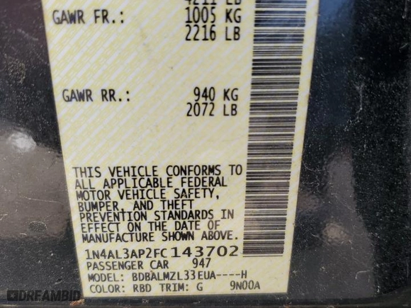 2015 Nissan Altima 2.5 SV with VIN 1N4AL3AP2FC143702, listed as a Copart auction lot 49917385 with 220,634 mi miles and Salvage Title. Bid and sale history available at carsss.com. Image 15.