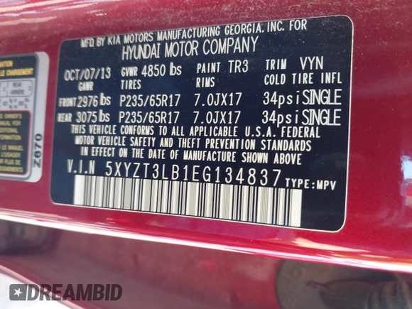 2014 Hyundai Santa Fe with VIN 5XYZT3LB1EG134837, listed as a IAAI auction lot 42454126 with 118,225 mi miles and . Bid and sale history available at DreamBid. Image 9.