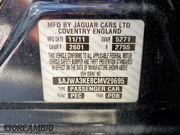 2012 Jaguar XJ z VIN SAJWA3KE8CMV29695, wystawiony jako Copart lot #57229265 z przebiegiem 88 171 mil mil oraz Szkoda całkowita • Salvage title. Historia ofert i sprzedaży dostępna na DreamBid. Obrazek 12.