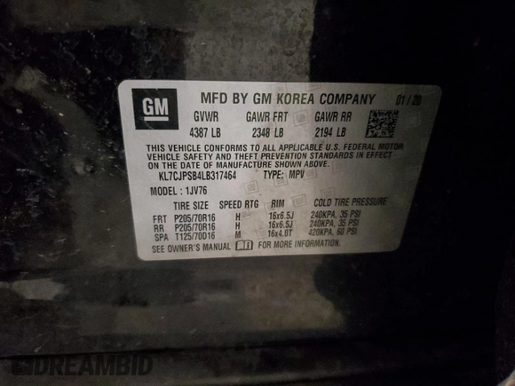 2020 Chevrolet Trax LT z VIN KL7CJPSB4LB317464, wystawiony jako Copart lot #57509815 z przebiegiem 81 667 mil mil oraz Szkoda całkowita • Salvage title. Historia ofert i sprzedaży dostępna na DreamBid. Obrazek 13.