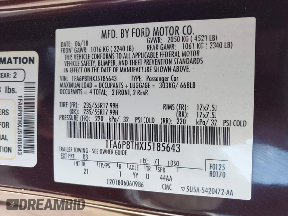 2018 Ford Mustang EcoBoost with VIN 1FA6P8THXJ5185643, listed as a IAAI auction lot 41562837 with 58,397 mi miles and . Bid and sale history available at carsss.com. Image 9.