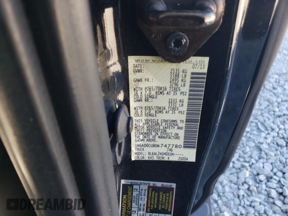 2013 Nissan Frontier SV with VIN 1N6AD0CU8DN747780, listed as a Copart auction lot 41842385 with 131,302 mi miles and Salvage title. Bid and sale history available at DreamBid. Image 12.