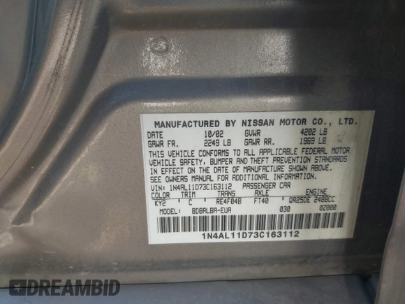 2003 Nissan Altima S with VIN 1N4AL11D73C163112, listed as a IAAI auction lot 42084672 with 184,140 mi miles and . Bid and sale history available at DreamBid. Image 9.