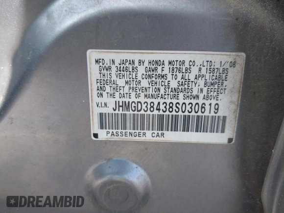 2008 Honda Fit with VIN JHMGD38438S030619, listed as a IAAI auction lot 42329690 with 147,588 mi miles and . Bid and sale history available at DreamBid. Image 9.