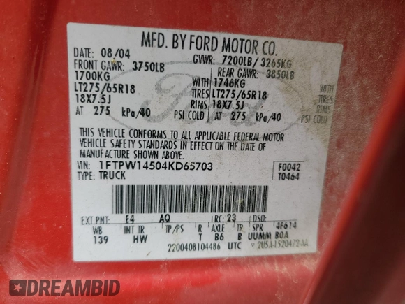 2004 Ford F-150 XLT with VIN 1FTPW14504KD65703, listed as a Copart auction lot 58792215 with 303,083 mi miles and Salvage title. Bid and sale history available at DreamBid. Image 12.