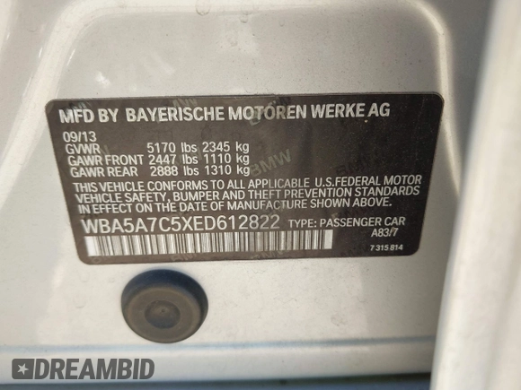 2014 BMW 5 Series 528i xDrive with VIN WBA5A7C5XED612822, listed as a IAAI auction lot 41701488 with 120,939 mi miles and . Bid and sale history available at DreamBid. Image 9.
