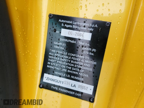 2004 Lamborghini Gallardo z VIN ZHWGU11S34LA01652, wystawiony jako Copart lot #49695214 z przebiegiem Nie podano mil oraz Szkoda całkowita • Salvage title. Historia ofert i sprzedaży dostępna na DreamBid. Obrazek 14.