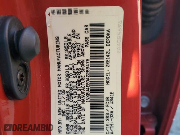2010 Toyota Corolla z VIN 1NXBU4EE0AZ289475, wystawiony jako Copart lot #43056795 z przebiegiem 183 995 mil mil oraz Szkoda całkowita • Salvage title. Historia ofert i sprzedaży dostępna na DreamBid. Obrazek 14.