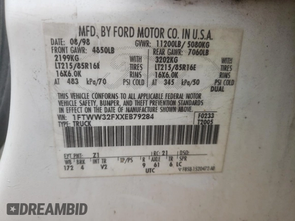 1999 Ford F-350 XL with VIN 1FTWW32FXXEB79284, listed as a Copart auction lot 53969905 with 241,082 mi miles and Salvage title. Bid and sale history available at DreamBid. Image 12.