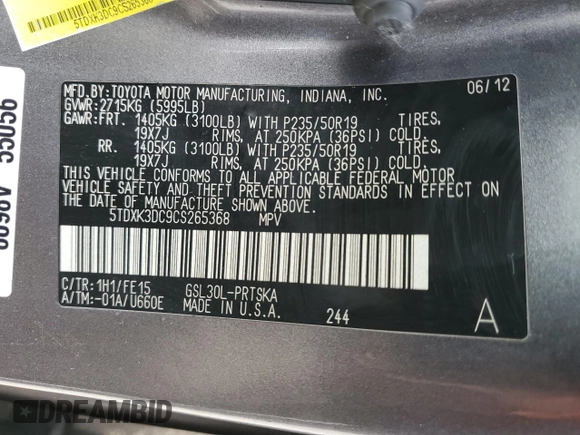 2012 Toyota Sienna SE with VIN 5TDXK3DC9CS265368, listed as a Copart auction lot 47754745 with 169,394 mi miles and Salvage Title. Bid and sale history available at carsss.com. Image 14.
