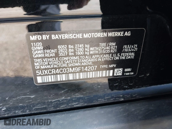 2021 BMW X5 sDrive40i with VIN 5UXCR4C03M9F14207, listed as a IAAI auction lot 41286501 with 41,679 mi miles and . Bid and sale history available at DreamBid. Image 9.