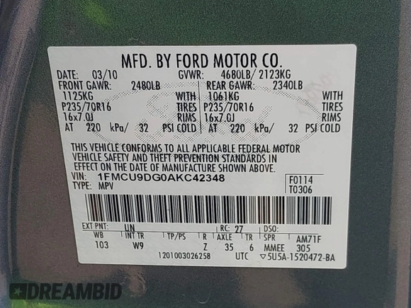 2010 Ford Escape XLT z VIN 1FMCU9DG0AKC42348, wystawiony jako IAAI lot #42421620 z przebiegiem 178 321 mil mil oraz . Historia ofert i sprzedaży dostępna na DreamBid. Obrazek 9.