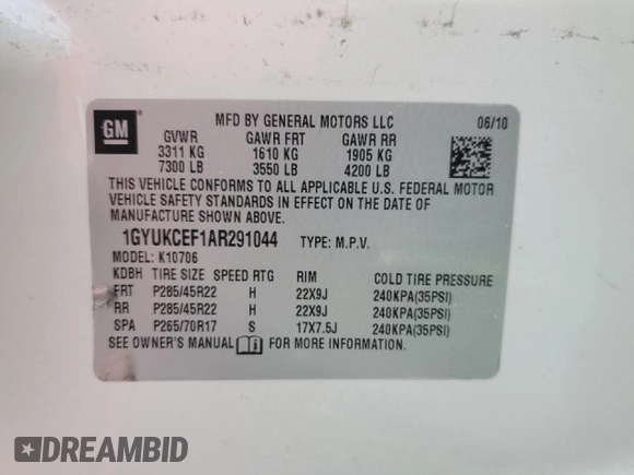 2010 Cadillac Escalade Premium with VIN 1GYUKCEF1AR291044, listed as a Copart auction lot 51627715 with 138,989 mi miles and Salvage title. Bid and sale history available at DreamBid. Image 15.