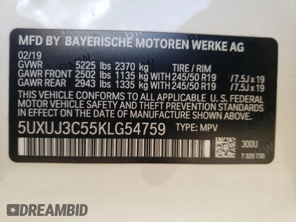 2019 BMW X4 xDrive30i with VIN 5UXUJ3C55KLG54759, listed as a Copart auction lot 38575993 with 48,956 mi miles. Bid and sale history available at carsss.com. Image 13.