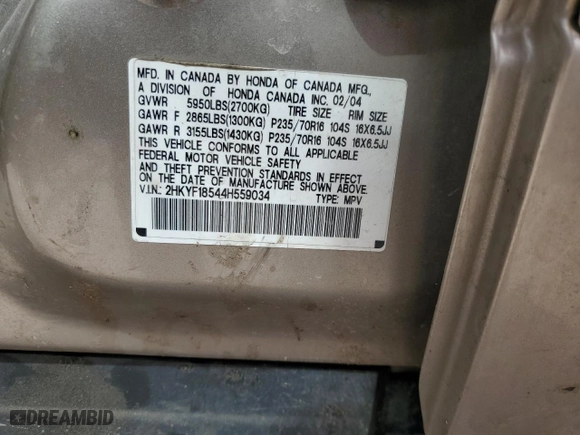 2004 Honda Pilot EX with VIN 2HKYF18544H559034, listed as a Copart auction lot 49908515 with 206,427 mi miles and Salvage Title. Bid and sale history available at carsss.com. Image 13.