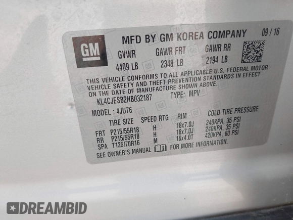 2017 Buick Encore Preferred with VIN KL4CJESB2HB032187, listed as a IAAI auction lot 42606557 with 113,573 mi miles and . Bid and sale history available at DreamBid. Image 9.