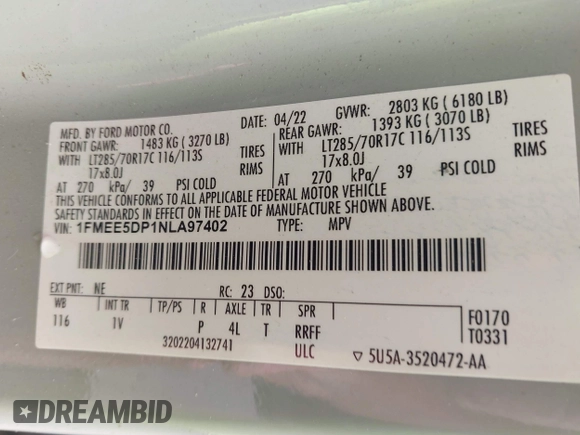 2022 Ford Bronco with VIN 1FMEE5DP1NLA97402, listed as a IAAI auction lot 42446383 with Not provided miles and . Bid and sale history available at DreamBid. Image 9.