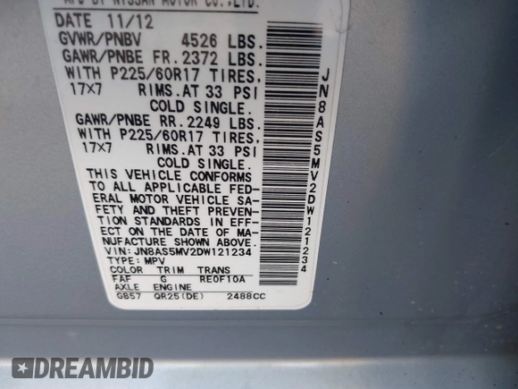 2013 Nissan Rogue S with VIN JN8AS5MV2DW121234, listed as a IAAI auction lot 41681471 with 143,326 mi miles and . Bid and sale history available at DreamBid. Image 9.