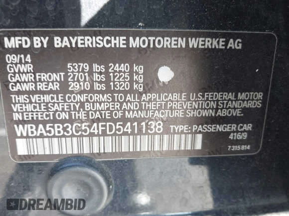 2015 BMW 5 Series 535i xDrive with VIN WBA5B3C54FD541138, listed as a IAAI auction lot 42043269 with 172,714 mi miles. Bid and sale history available at carsss.com. Image 9.