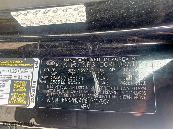2017 Kia Sportage EX with VIN KNDPN3AC6H7117904, listed as a Copart auction lot 51713705 with 131,471 mi miles and Clean Title. Bid and sale history available at carsss.com. Image 10.