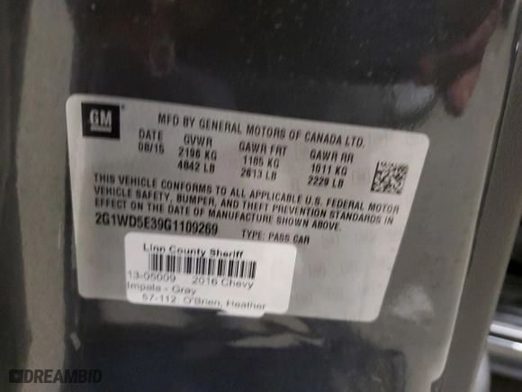 2016 Chevrolet Impala Limited Police Police with VIN 2G1WD5E39G1109269, listed as a Copart auction lot 82999314 with NaN miles and Salvage Title. Bid and sale history available at carsss.com. Image 12.