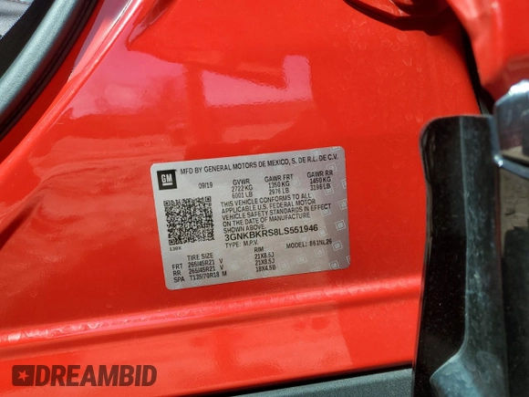 2020 Chevrolet Blazer RS with VIN 3GNKBKRS8LS551946, listed as a Copart auction lot 53561305 with 62,697 mi miles and Salvage title. Bid and sale history available at DreamBid. Image 12.