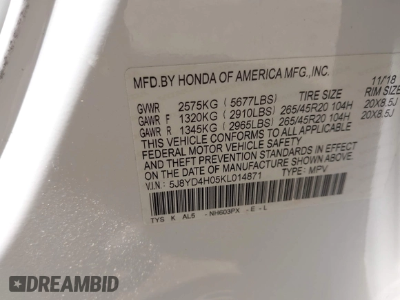 2019 Acura MDX Technology with VIN 5J8YD4H05KL014871, listed as a IAAI auction lot 42169738 with 96,599 mi miles and . Bid and sale history available at DreamBid. Image 9.