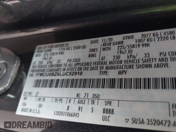2020 Ford Escape SE Sport Hybrid with VIN 1FMCU0BZ6LUC52910, listed as a IAAI auction lot 41316055 with 279,311 mi miles and . Bid and sale history available at carsss.com. Image 9.