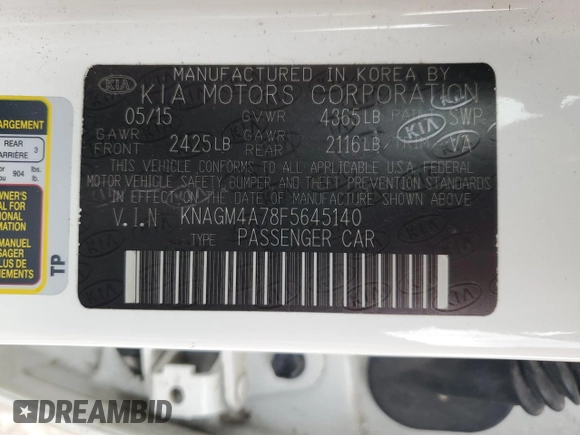 2015 Kia Optima LX z VIN KNAGM4A78F5645140, wystawiony jako Copart lot #53364945 z przebiegiem 91 649 mil mil oraz Szkoda całkowita • Salvage title. Historia ofert i sprzedaży dostępna na DreamBid. Obrazek 12.