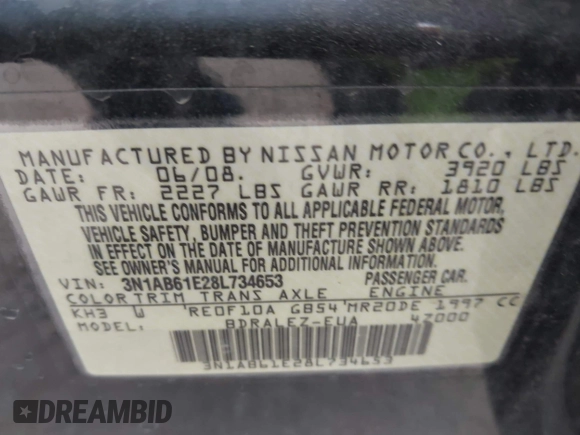 2008 Nissan Sentra S with VIN 3N1AB61E28L734653, listed as a IAAI auction lot 42026984 with 144,944 mi miles and . Bid and sale history available at DreamBid. Image 9.