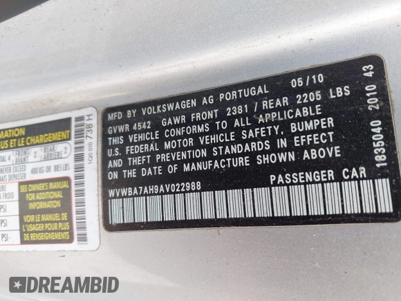 2010 Volkswagen Eos Komfort z VIN WVWBA7AH9AV022988, wystawiony jako IAAI lot #42426457 z przebiegiem 142 571 mil mil oraz . Historia ofert i sprzedaży dostępna na DreamBid. Obrazek 9.