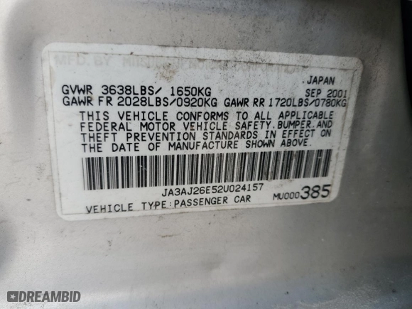 2002 Mitsubishi Lancer ES with VIN JA3AJ26E52U024157, listed as a Copart auction lot 52048805 with 169,750 mi miles and Salvage Title. Bid and sale history available at carsss.com. Image 13.