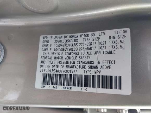 2007 Honda CR-V LX with VIN JHLRE48317C031977, listed as a IAAI auction lot 41537587 with 227,759 mi miles. Bid and sale history available at carsss.com. Image 9.