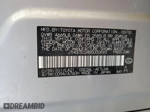 2011 Lexus IS 350 with VIN JTHCE5C24B5000693, listed as a Copart auction lot 61336465 with 178,258 mi miles and Salvage title. Bid and sale history available at DreamBid. Image 12.