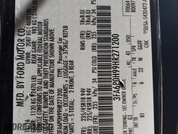 2017 Ford Fusion SE with VIN 3FA6P0H99HR271200, listed as a Copart auction lot 50537685 with 109,002 mi miles and Salvage Title. Bid and sale history available at carsss.com. Image 12.