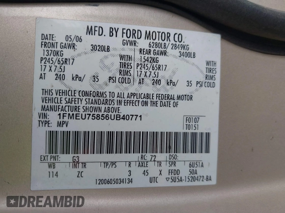2006 Ford Explorer Limited with VIN 1FMEU75856UB40771, listed as a IAAI auction lot 41640477 with 279,062 mi miles and . Bid and sale history available at DreamBid. Image 9.